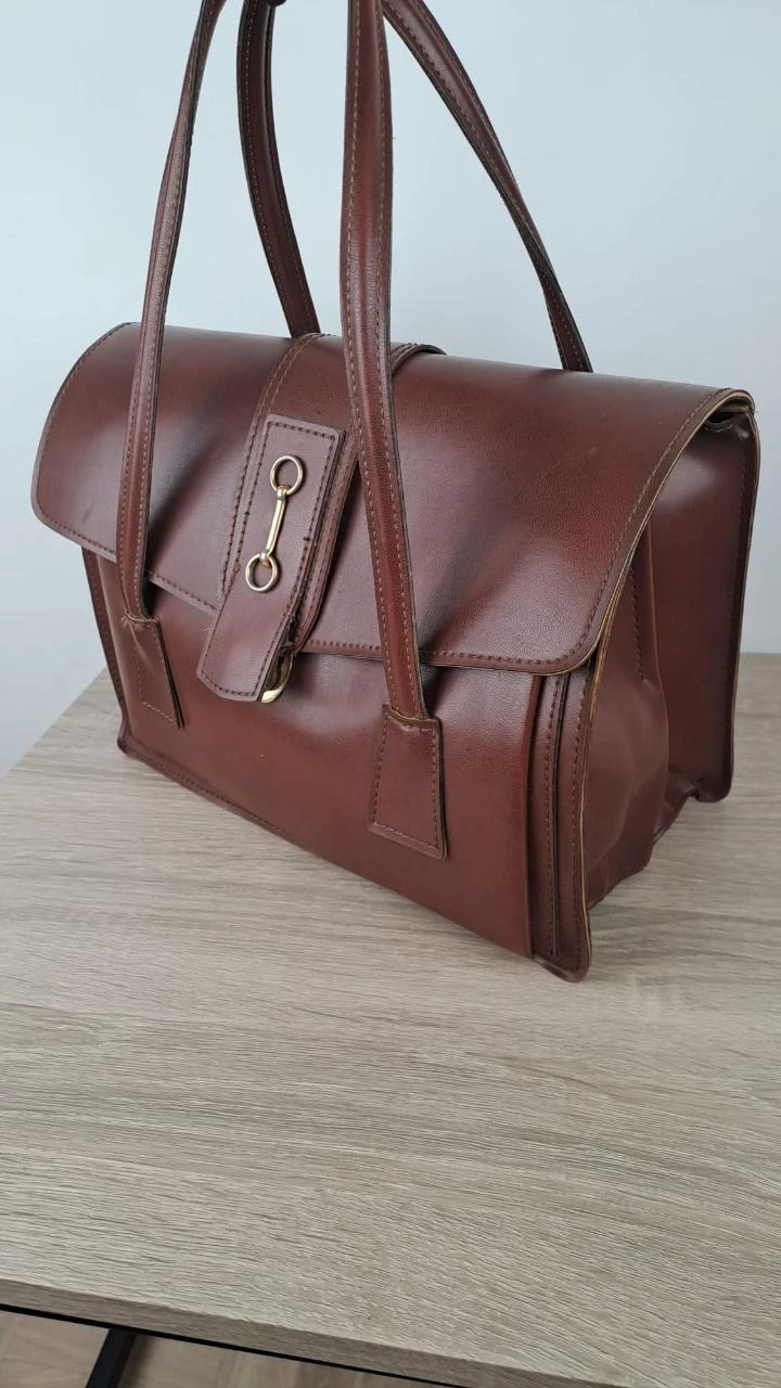 Sac à main cartable à mors / Vintage Rétro / Marron / Femme / Cuir / 155